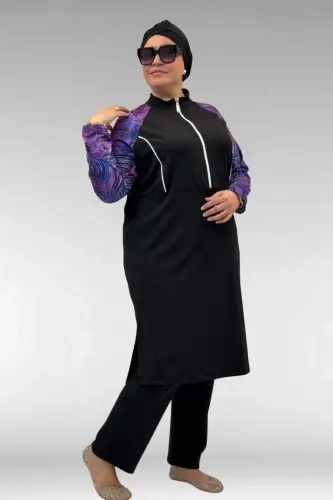 1733 Plus Size Zippered Hijab Swimsuit - Leaf Pattern Purple-Black - 3