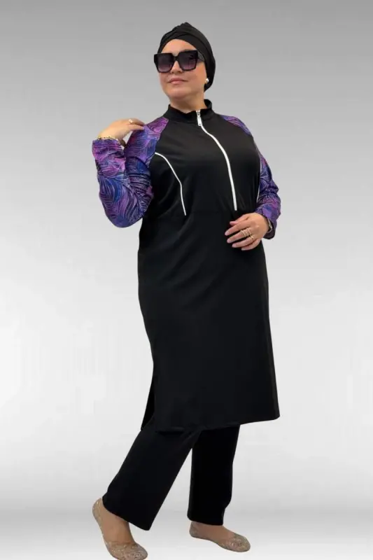 1733 Plus Size Zippered Hijab Swimsuit - Leaf Pattern Purple-Black - 3