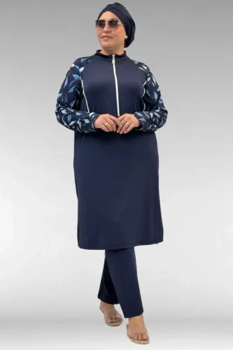 1733 Plus Size Zippered Hijab Swimsuit - Navy Blue Leaf Pattern-Navy - 1