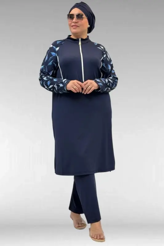 1733 Plus Size Zippered Hijab Swimsuit - Navy Blue Leaf Pattern-Navy - 1
