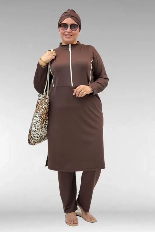 1733 Plus Size Zippered Hijab Swimwear - Coffee - 1