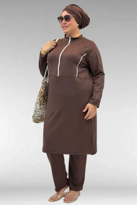 1733 Plus Size Zippered Hijab Swimwear - Coffee - 3