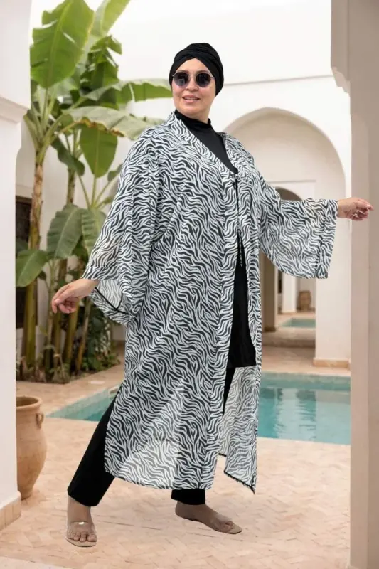 1735 Büyük Beden Garni Detaylı Pareo - Zebra Desen Siyah - 2