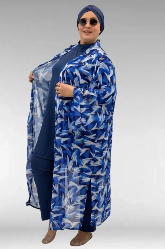 1735 Plus Size Pareo with Garni Detail - Brush Pattern Sax Blue - BÜYÜKBEDENIZ