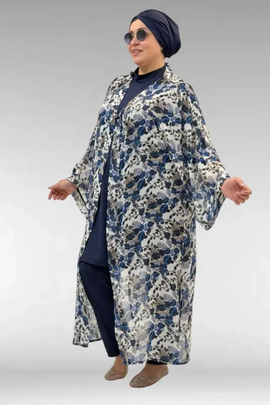 1735 Plus Size Trim Detailed Pareo - Leaf Pattern Blue - 2