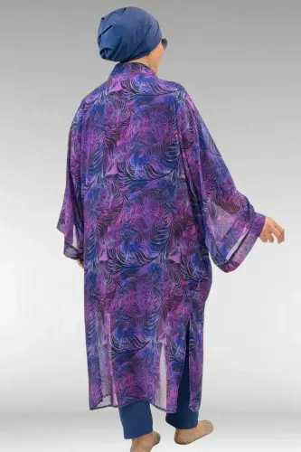 1735 Plus Size Trim Detailed Pareo - Leaf Pattern Purple - 1