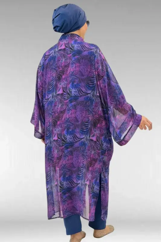 1735 Plus Size Trim Detailed Pareo - Leaf Pattern Purple - 1
