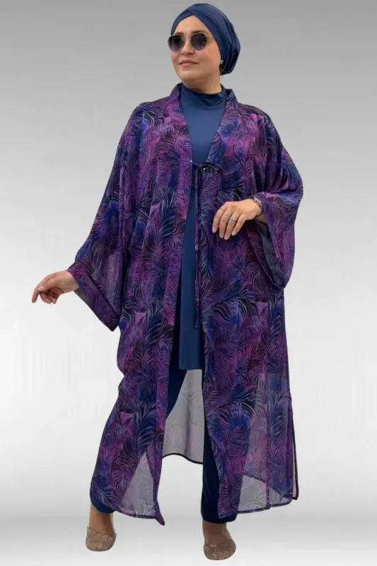 1735 Plus Size Trim Detailed Pareo - Leaf Pattern Purple - 2