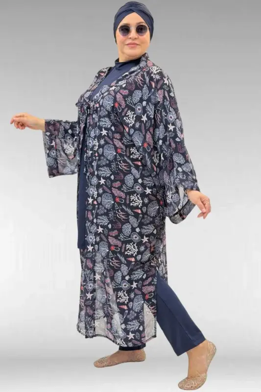 1735 Plus Size Trim Detailed Sarong - Mixed Pattern Navy - 2