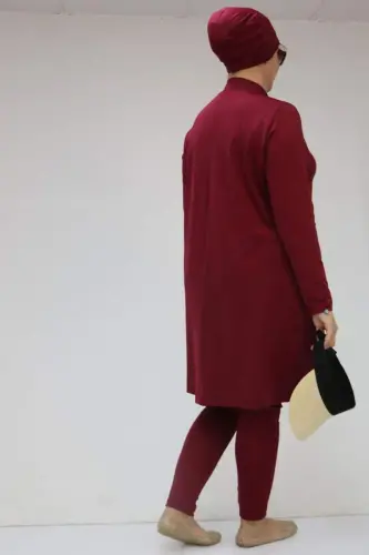 1737 Plus Size Long Sleeve Modest Swimsuit - Burgundy - 3