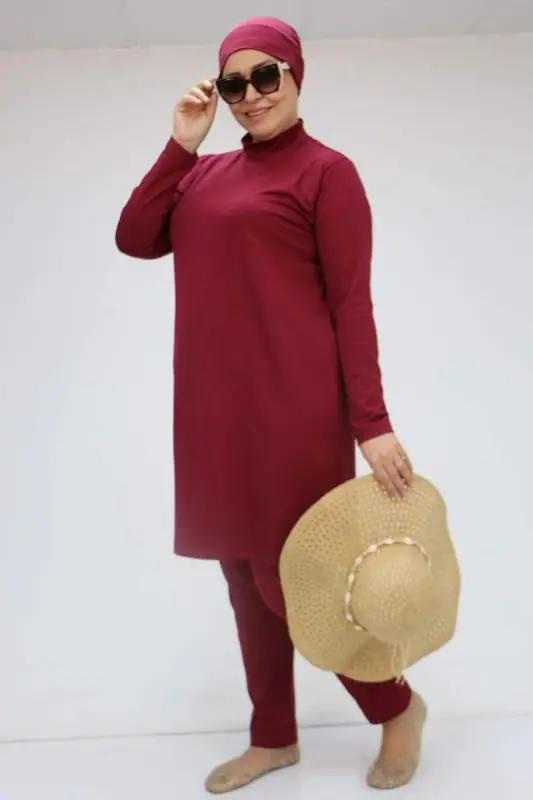 1738 Büyük Beden Uzunkol Tesettür Mayo - Bordo - BÜYÜKBEDENIZ