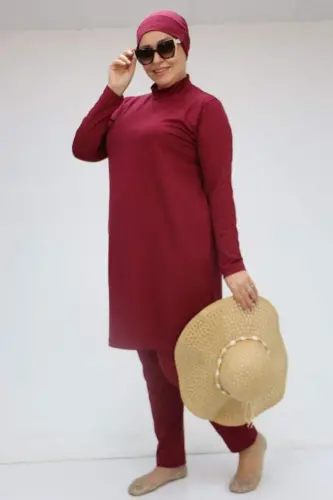 1738 Büyük Beden Uzunkol Tesettür Mayo - Bordo - 1