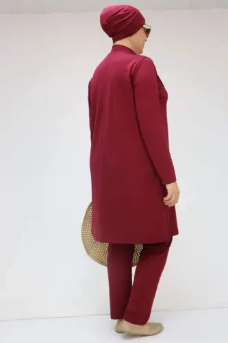 1738 Büyük Beden Uzunkol Tesettür Mayo - Bordo - 3