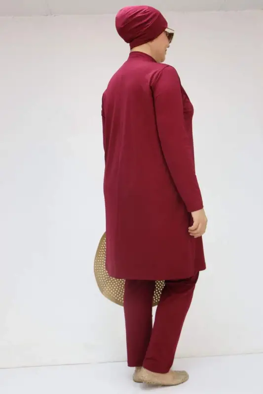 1738 Büyük Beden Uzunkol Tesettür Mayo - Bordo - 3