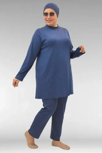 1739 Büyük Beden Önü Taş Baskılı Uzunkol Tesettür Mayo - İndigo - 1