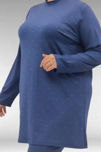 1739 Büyük Beden Önü Taş Baskılı Uzunkol Tesettür Mayo - İndigo - BÜYÜKBEDENIZ (1)