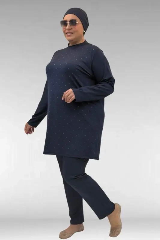 1739 Büyük Beden Önü Taş Baskılı Uzunkol Tesettür Mayo - Lacivert - 2