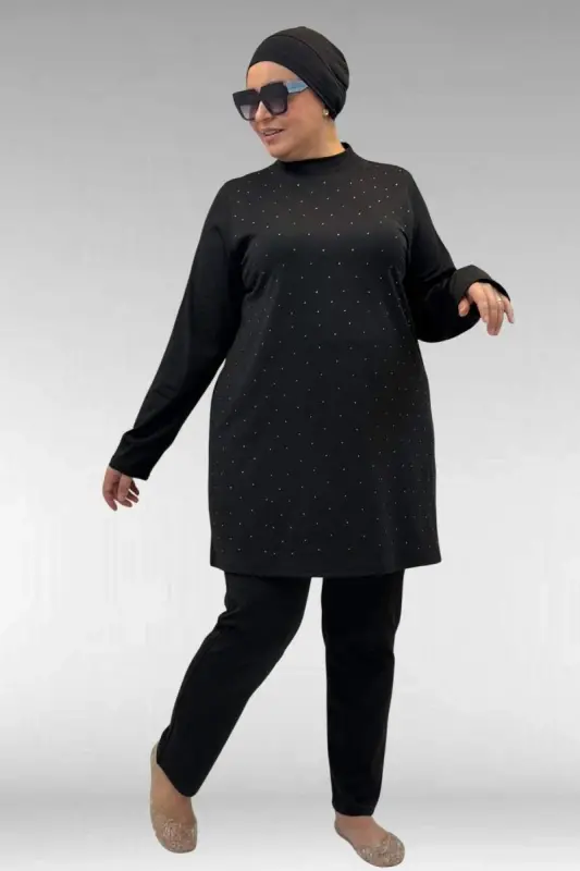 1739 Büyük Beden Önü Taş Baskılı Uzunkol Tesettür Mayo - Siyah - BÜYÜKBEDENIZ