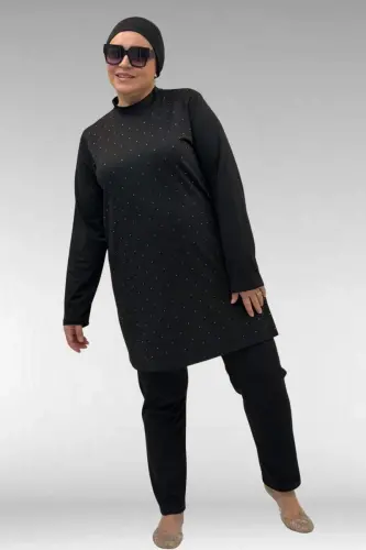 1739 Büyük Beden Önü Taş Baskılı Uzunkol Tesettür Mayo - Siyah - 3