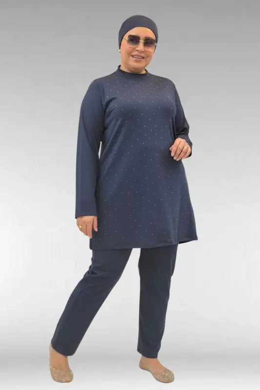 1739 Plus Size Front Stone Detailed Long Sleeve Modest Swimwear - Navy Blue - BÜYÜKBEDENIZ