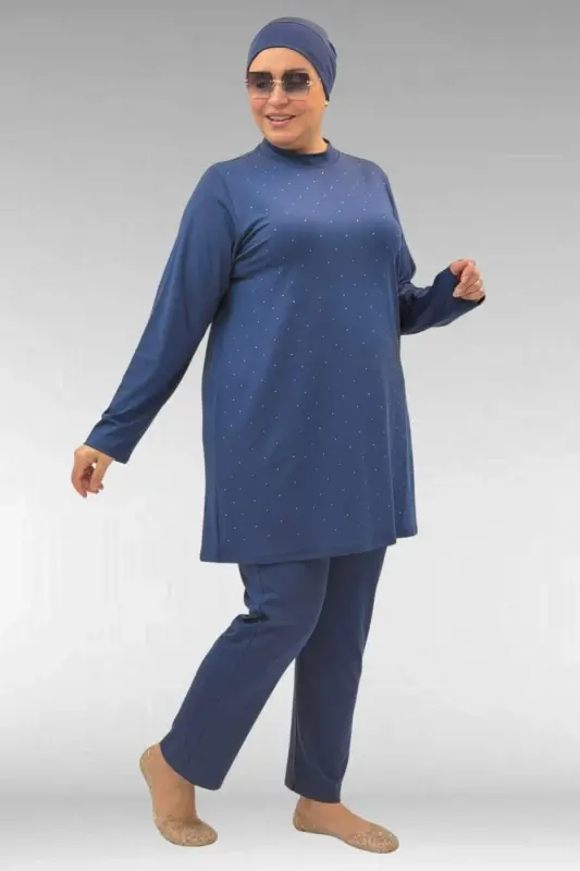 1739 Plus Size Long-Sleeve Hijab Swimsuit with Stone Print Front - Indigo - BÜYÜKBEDENIZ