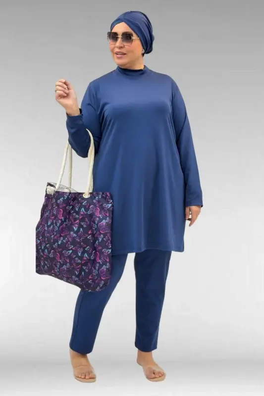 1740 Büyük Beden Düz Renk Tesettür Mayo - İndigo - 1