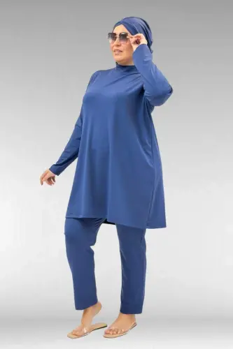 1740 Büyük Beden Düz Renk Tesettür Mayo - İndigo - BÜYÜKBEDENIZ (1)