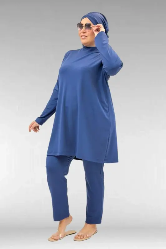 1740 Büyük Beden Düz Renk Tesettür Mayo - İndigo - 2