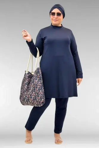 1740 Büyük Beden Düz Renk Tesettür Mayo - Lacivert - 1