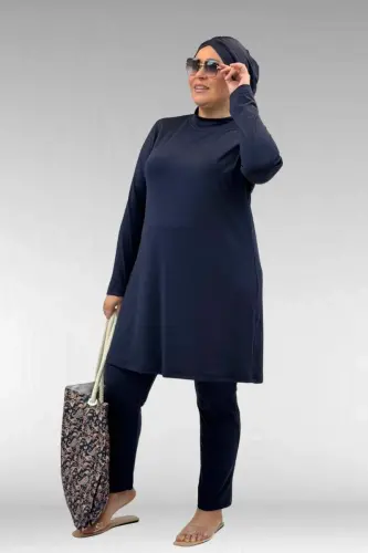 1740 Büyük Beden Düz Renk Tesettür Mayo - Lacivert - BÜYÜKBEDENIZ (1)