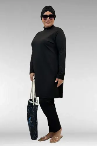 1740 Büyük Beden Düz Renk Tesettür Mayo - Siyah - BÜYÜKBEDENIZ (1)
