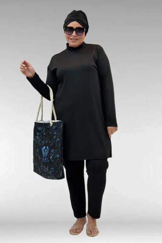 1740 Büyük Beden Düz Renk Tesettür Mayo - Siyah - 1