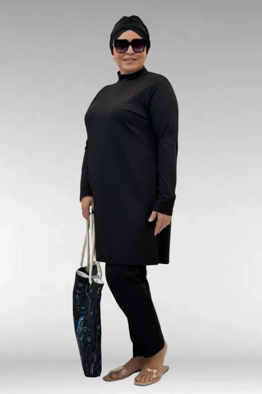 1740 Büyük Beden Düz Renk Tesettür Mayo - Siyah - 2