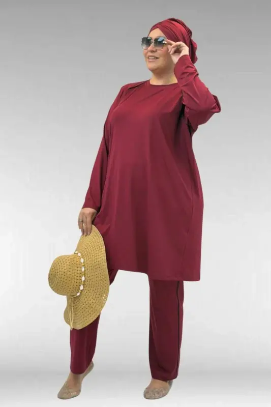 1741 Büyük Beden Kıstırma Biyeli Tesettür Mayo - Bordo - 1