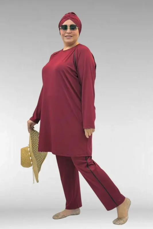 1741 Büyük Beden Kıstırma Biyeli Tesettür Mayo - Bordo - 2