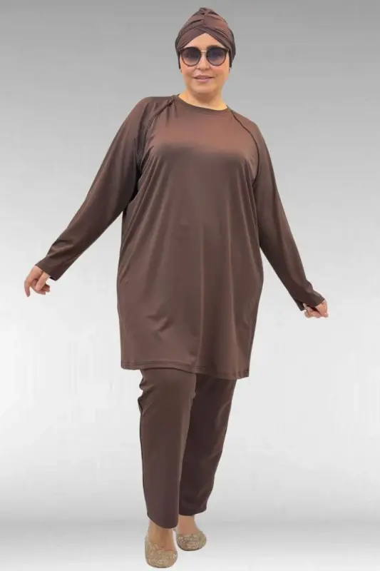 1741 Büyük Beden Kıstırma Biyeli Tesettür Mayo - Kahve - 1