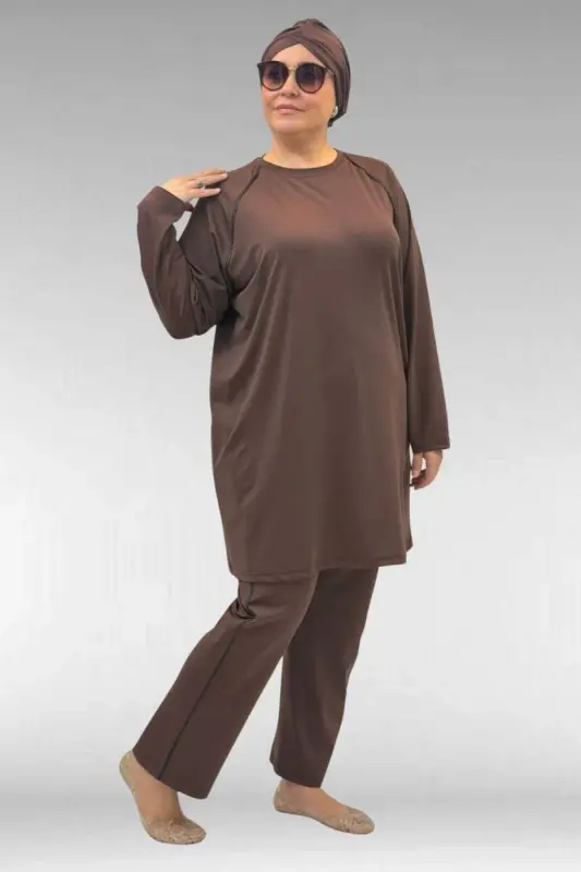 1741 Büyük Beden Kıstırma Biyeli Tesettür Mayo - Kahve - 2
