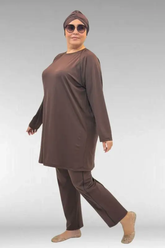 1741 Büyük Beden Kıstırma Biyeli Tesettür Mayo - Kahve - 3