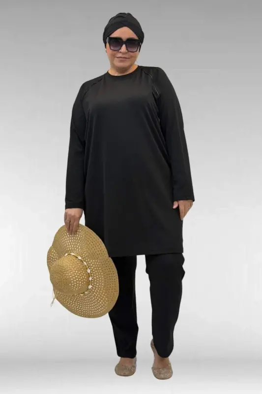 1741 Büyük Beden Kıstırma Biyeli Tesettür Mayo - Siyah - 1