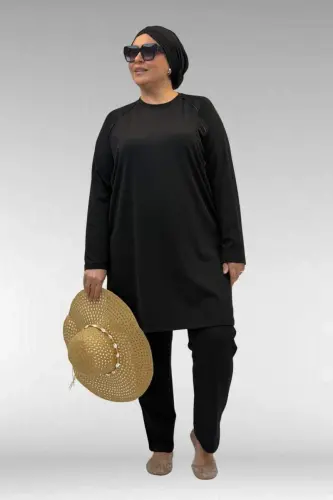 1741 Büyük Beden Kıstırma Biyeli Tesettür Mayo - Siyah - BÜYÜKBEDENIZ (1)