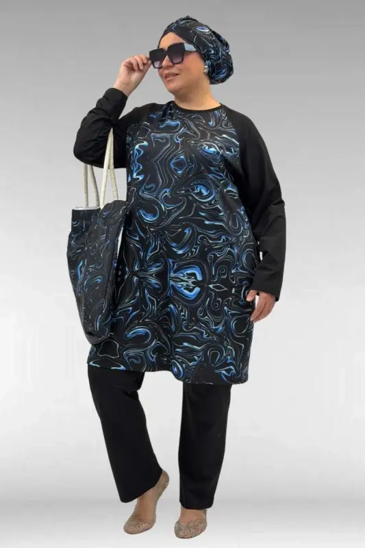 1742 Büyük Beden Uzunkol Tesettür Mayo Takım - Aqua Mavi - 2