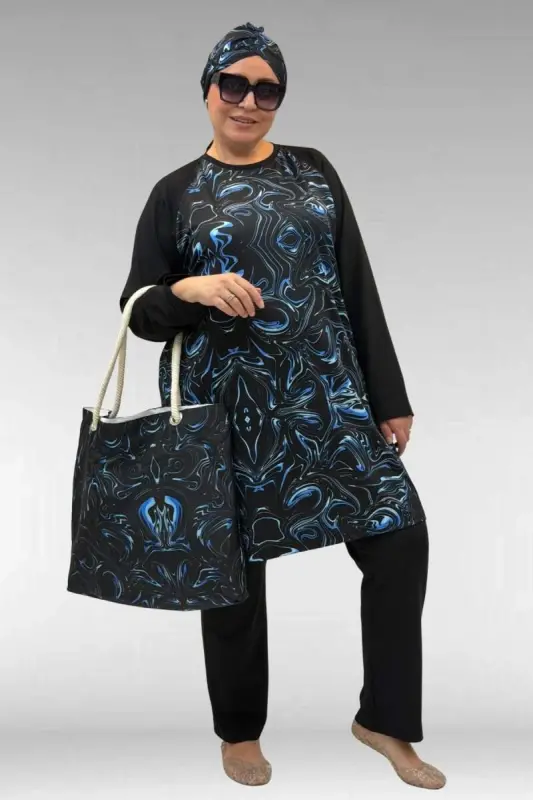 1742 Büyük Beden Uzunkol Tesettür Mayo Takım - Aqua Mavi - BÜYÜKBEDENIZ