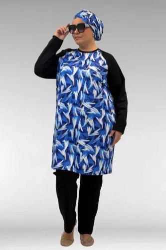 1742 Büyük Beden Uzunkol Tesettür Mayo Takım - Fırça Desen Saks - 1