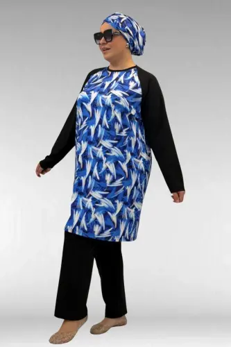 1742 Büyük Beden Uzunkol Tesettür Mayo Takım - Fırça Desen Saks - BÜYÜKBEDENIZ (1)