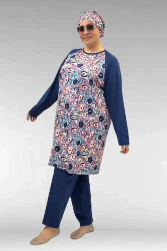 1742 Büyük Beden Uzunkol Tesettür Mayo Takım - Göz Desen İndigo - 1