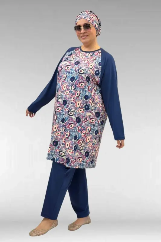 1742 Büyük Beden Uzunkol Tesettür Mayo Takım - Göz Desen İndigo - 1