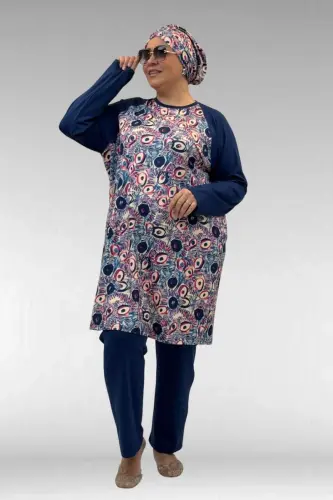1742 Büyük Beden Uzunkol Tesettür Mayo Takım - Göz Desen İndigo - BÜYÜKBEDENIZ (1)