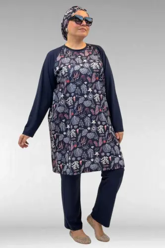 1742 Büyük Beden Uzunkol Tesettür Mayo Takım - Karışık Desen Laci - 1