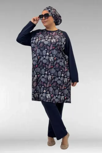 1742 Büyük Beden Uzunkol Tesettür Mayo Takım - Karışık Desen Laci - BÜYÜKBEDENIZ (1)