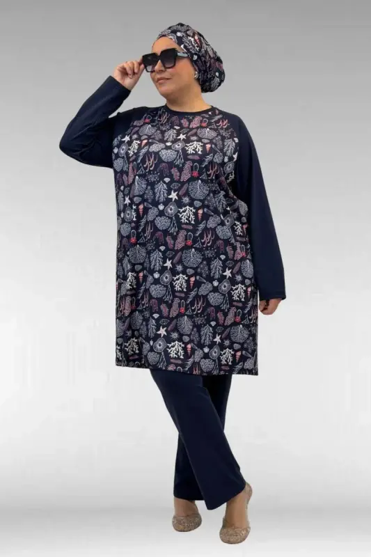 1742 Büyük Beden Uzunkol Tesettür Mayo Takım - Karışık Desen Laci - 2